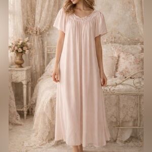 Miss Elaine Nylon Tricot Nightgown Womens Large Pink Flutter Sleeves Embroidered